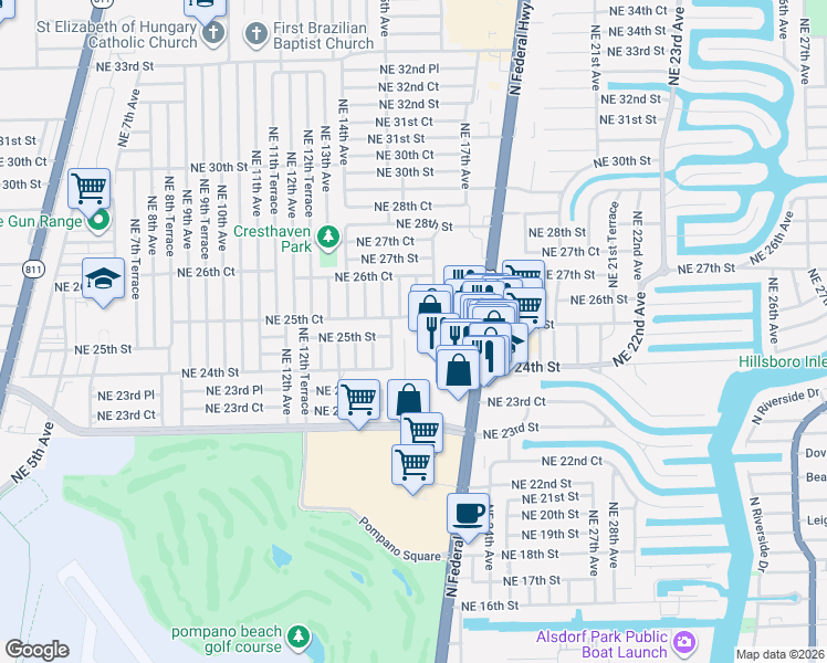 map of restaurants, bars, coffee shops, grocery stores, and more near 2431 North Federal Highway in Pompano Beach