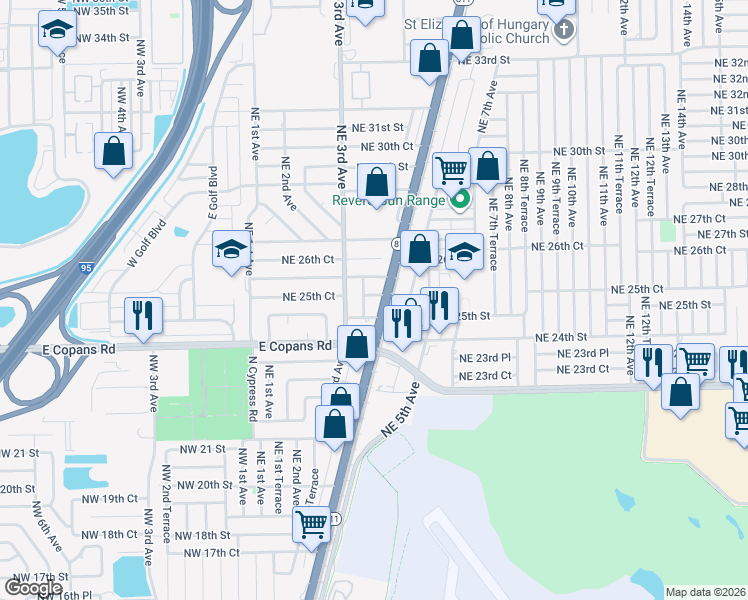 map of restaurants, bars, coffee shops, grocery stores, and more near 341 Northeast 25th Street in Pompano Beach