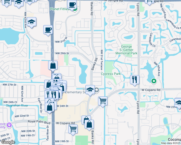 map of restaurants, bars, coffee shops, grocery stores, and more near 5235 Northwest 27th Court in Margate