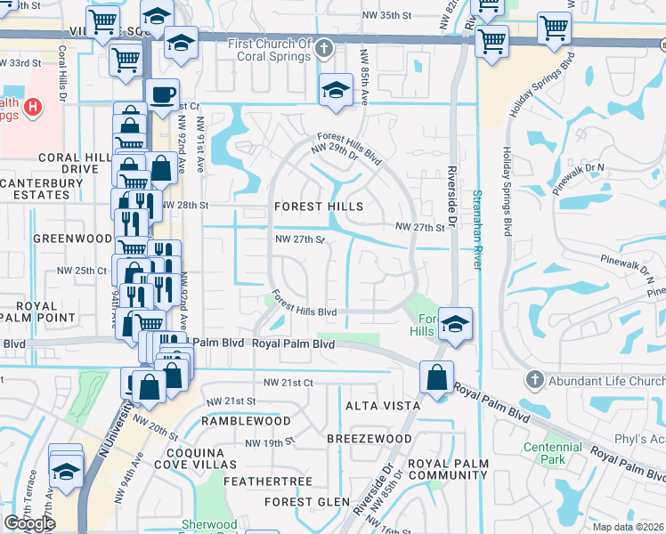 map of restaurants, bars, coffee shops, grocery stores, and more near 8637 Northwest 25th Court in Coral Springs