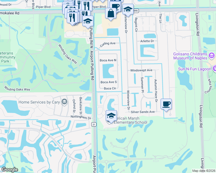 map of restaurants, bars, coffee shops, grocery stores, and more near 10057 Boca Circle in Naples