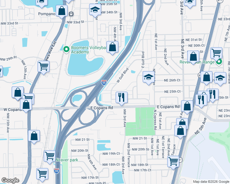 map of restaurants, bars, coffee shops, grocery stores, and more near 370 South Golf Boulevard in Pompano Beach