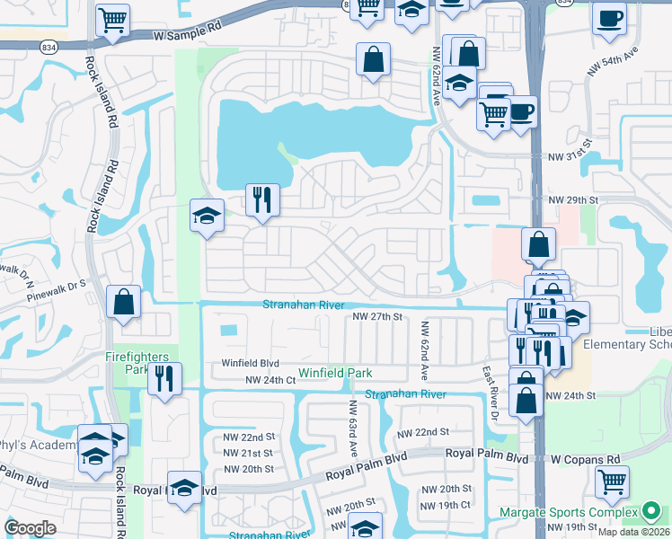 map of restaurants, bars, coffee shops, grocery stores, and more near 6428 Northwest 28th Lane in Margate