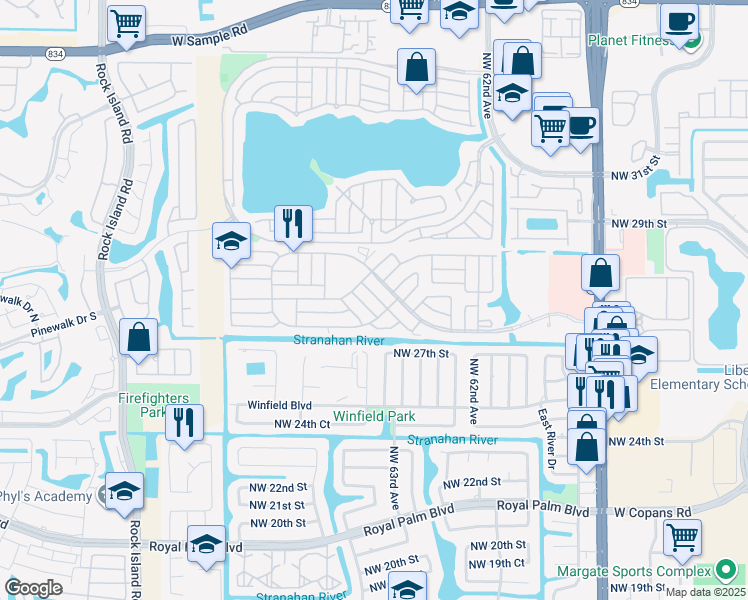 map of restaurants, bars, coffee shops, grocery stores, and more near 6428 Northwest 28th Lane in Margate