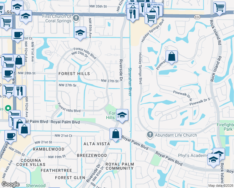 map of restaurants, bars, coffee shops, grocery stores, and more near 2555 Northwest 82nd Terrace in Coral Springs
