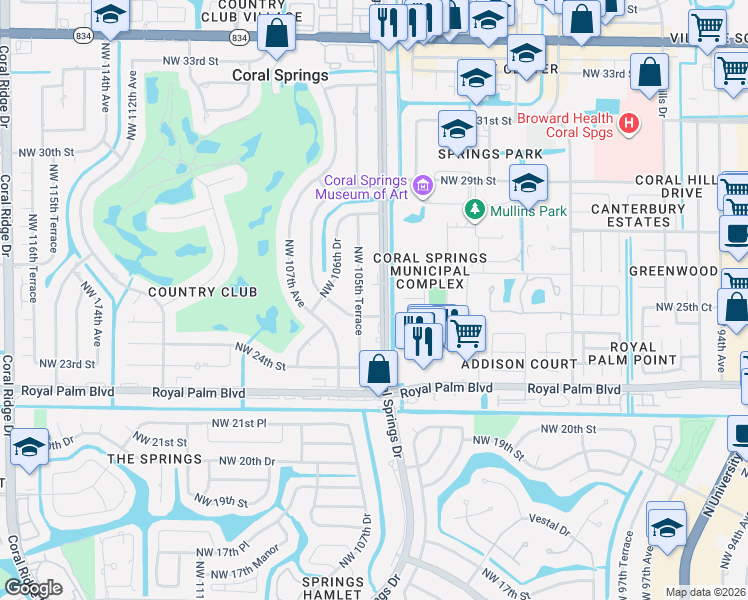 map of restaurants, bars, coffee shops, grocery stores, and more near 2832 Coral Springs Drive in Coral Springs
