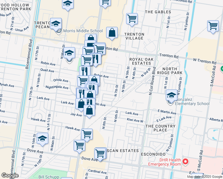 map of restaurants, bars, coffee shops, grocery stores, and more near 712 Nightingale Avenue in McAllen