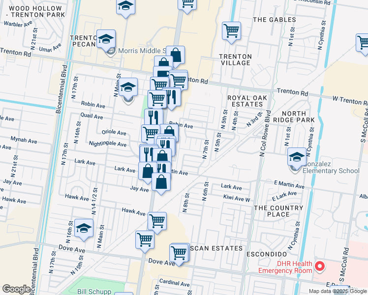 map of restaurants, bars, coffee shops, grocery stores, and more near 6521 North 8th Street in McAllen