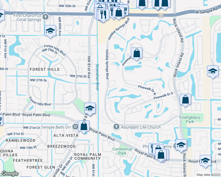 map of restaurants, bars, coffee shops, grocery stores, and more near 3001 Holiday Springs Boulevard in Margate