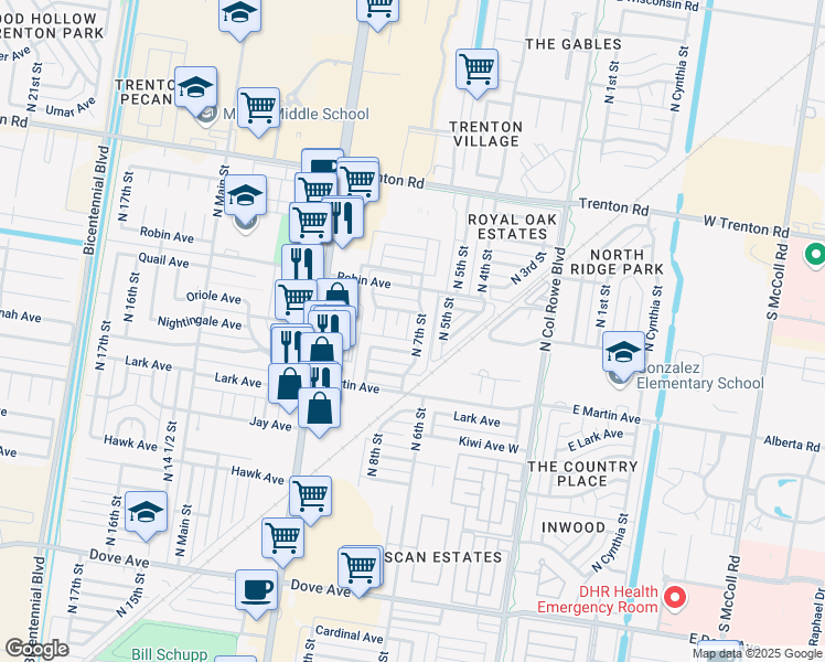 map of restaurants, bars, coffee shops, grocery stores, and more near 712 Nightingale Avenue in McAllen