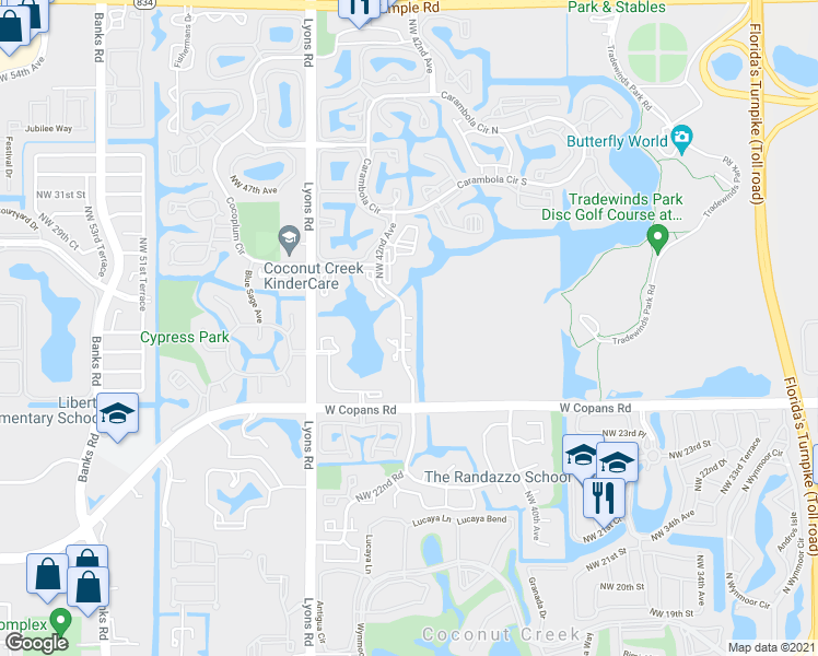 map of restaurants, bars, coffee shops, grocery stores, and more near 2820 Northwest 42nd Avenue in Coconut Creek