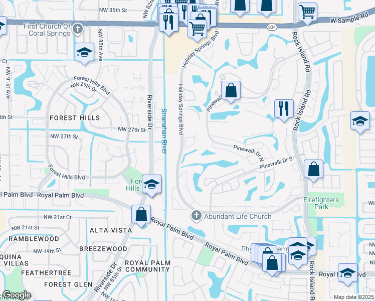 map of restaurants, bars, coffee shops, grocery stores, and more near 3001 Holiday Springs Boulevard in Margate