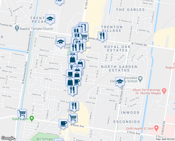 map of restaurants, bars, coffee shops, grocery stores, and more near 6700 North 8th Street in McAllen