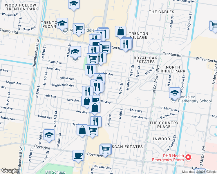 map of restaurants, bars, coffee shops, grocery stores, and more near 6521 North 8th Street in McAllen