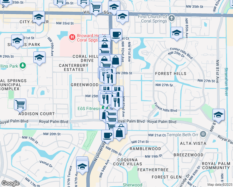 map of restaurants, bars, coffee shops, grocery stores, and more near 2561 North University Drive in Coral Springs