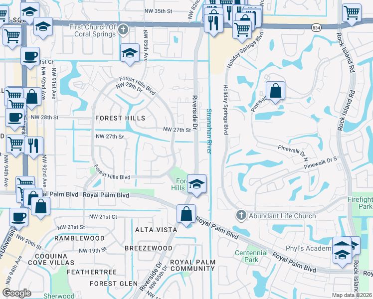 map of restaurants, bars, coffee shops, grocery stores, and more near 2555 Northwest 82nd Terrace in Coral Springs