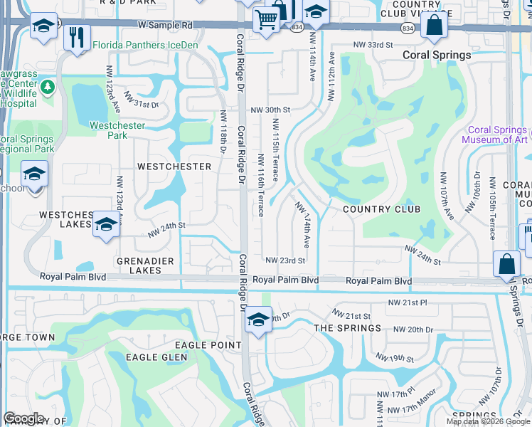 map of restaurants, bars, coffee shops, grocery stores, and more near 11605 Northwest 25th Street in Coral Springs