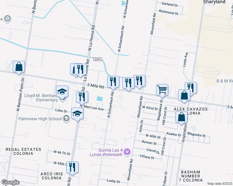 map of restaurants, bars, coffee shops, grocery stores, and more near 2313 West Mile 3 Road in Mission