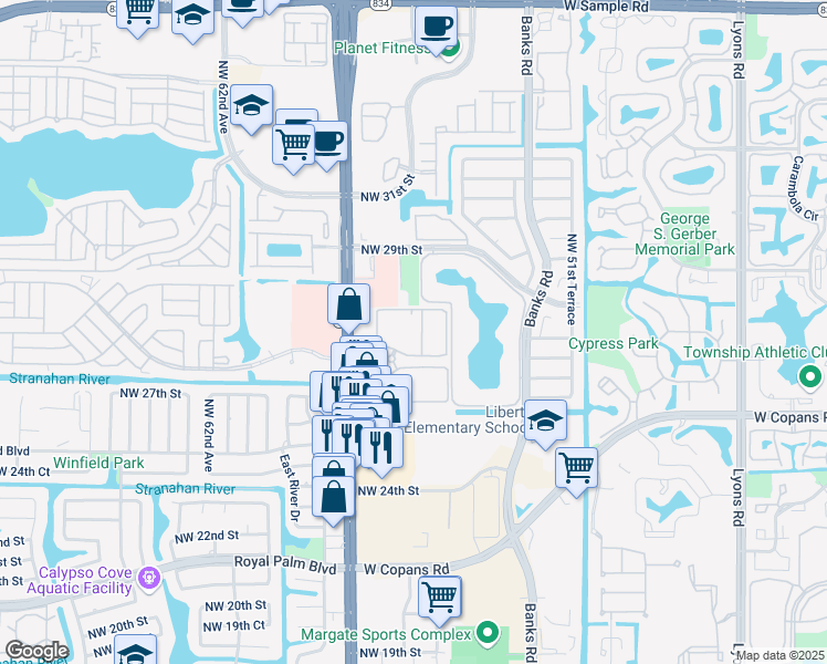 map of restaurants, bars, coffee shops, grocery stores, and more near 2725 Lakeview Terrace in Margate