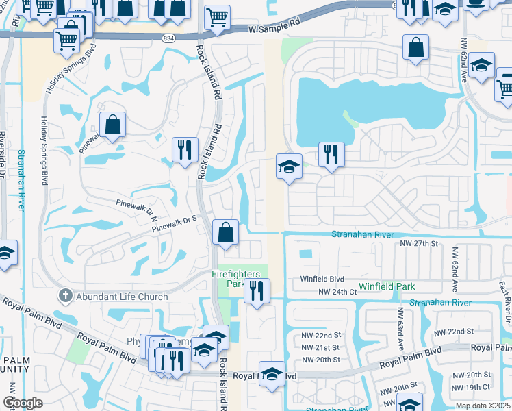 map of restaurants, bars, coffee shops, grocery stores, and more near 2825 Northwest 68th Lane in Margate