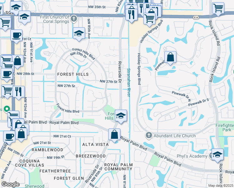 map of restaurants, bars, coffee shops, grocery stores, and more near 2555 Northwest 82nd Terrace in Coral Springs