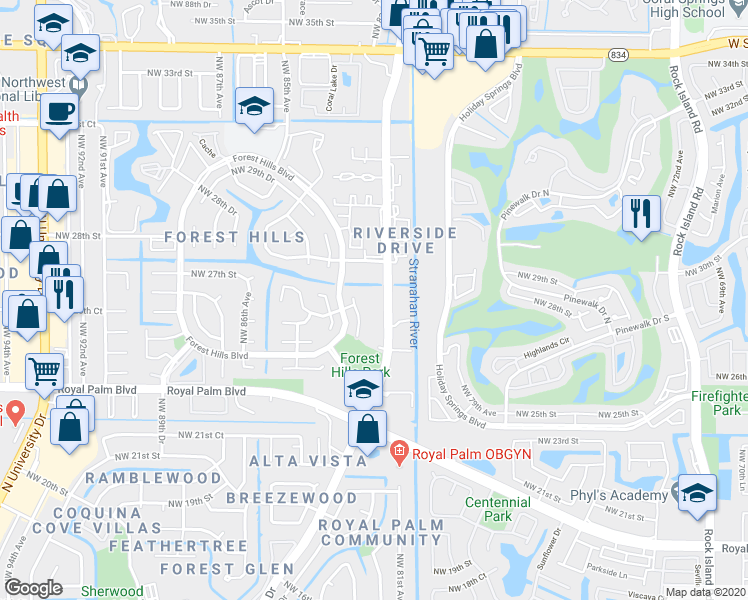 map of restaurants, bars, coffee shops, grocery stores, and more near 2555 Northwest 82nd Terrace in Coral Springs