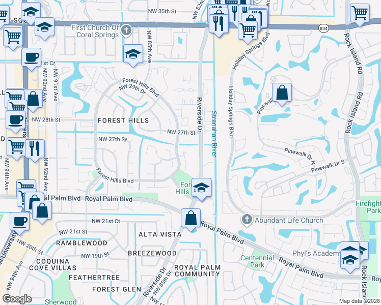 map of restaurants, bars, coffee shops, grocery stores, and more near 2555 Northwest 82nd Terrace in Coral Springs