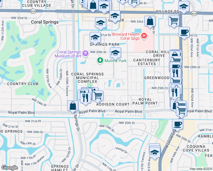 map of restaurants, bars, coffee shops, grocery stores, and more near 2542 Northwest 99th Avenue in Coral Springs