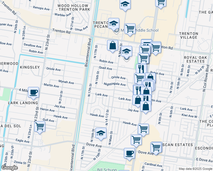 map of restaurants, bars, coffee shops, grocery stores, and more near 1421 Nightingale Avenue in McAllen