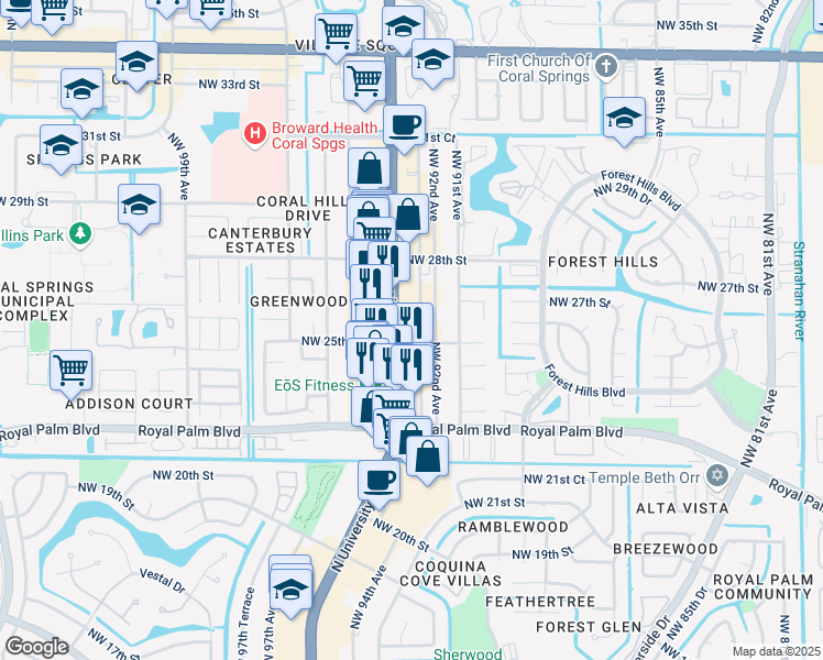 map of restaurants, bars, coffee shops, grocery stores, and more near in Coral Springs