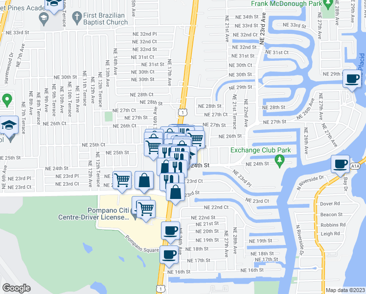 map of restaurants, bars, coffee shops, grocery stores, and more near 2476 North Federal Highway in Lighthouse Point