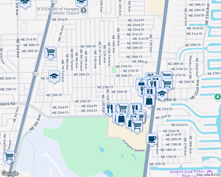 map of restaurants, bars, coffee shops, grocery stores, and more near 2480 Northeast 12th Terrace in Pompano Beach