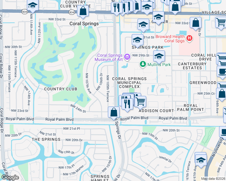 map of restaurants, bars, coffee shops, grocery stores, and more near 2832 Coral Springs Drive in Coral Springs