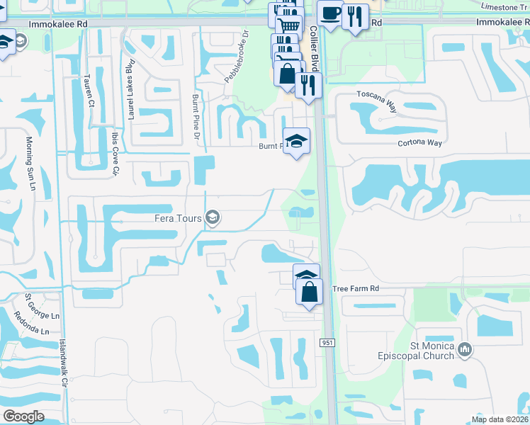 map of restaurants, bars, coffee shops, grocery stores, and more near 14952 Indigo Lakes Drive in Naples
