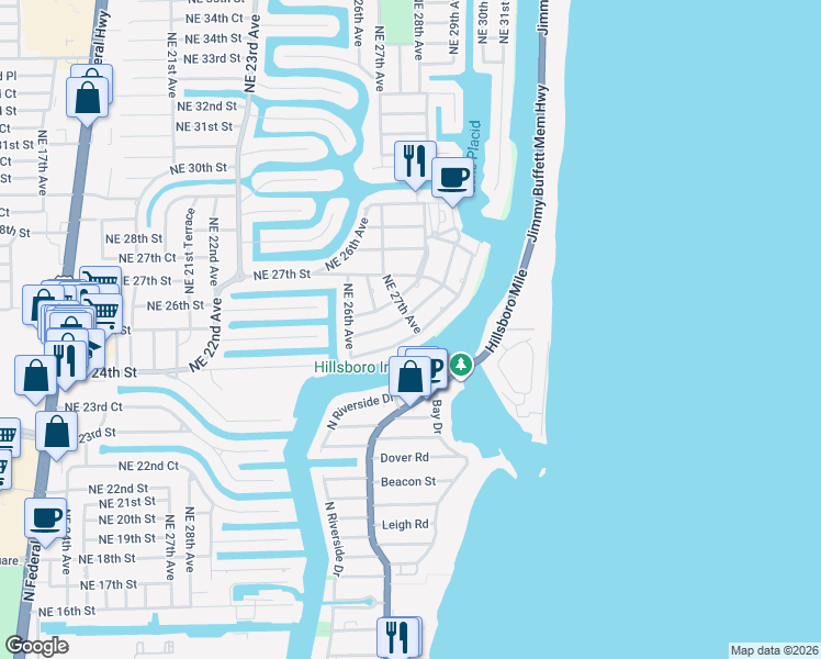 map of restaurants, bars, coffee shops, grocery stores, and more near 2675 Northeast 24th Street in Lighthouse Point