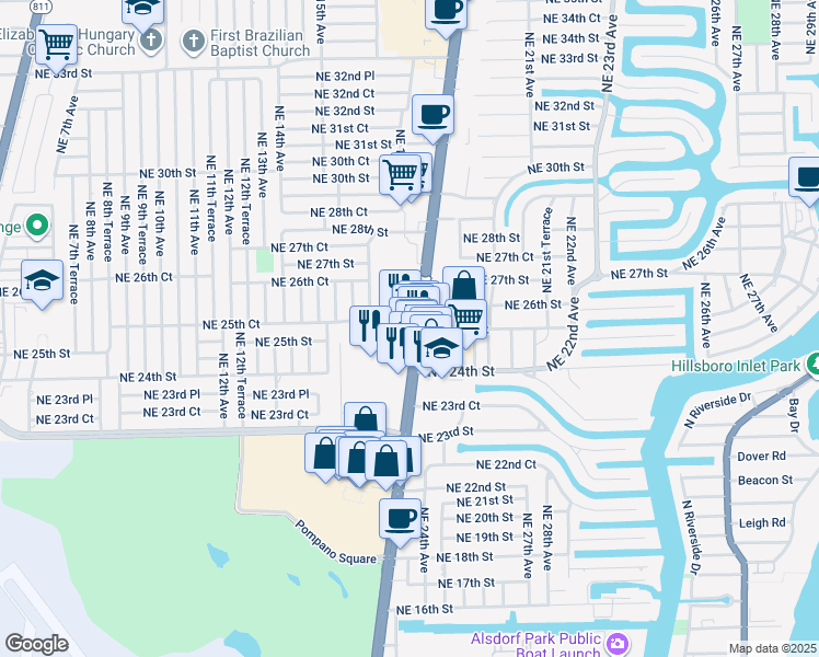 map of restaurants, bars, coffee shops, grocery stores, and more near 2451 N Federal Hwy in Pompano Beach