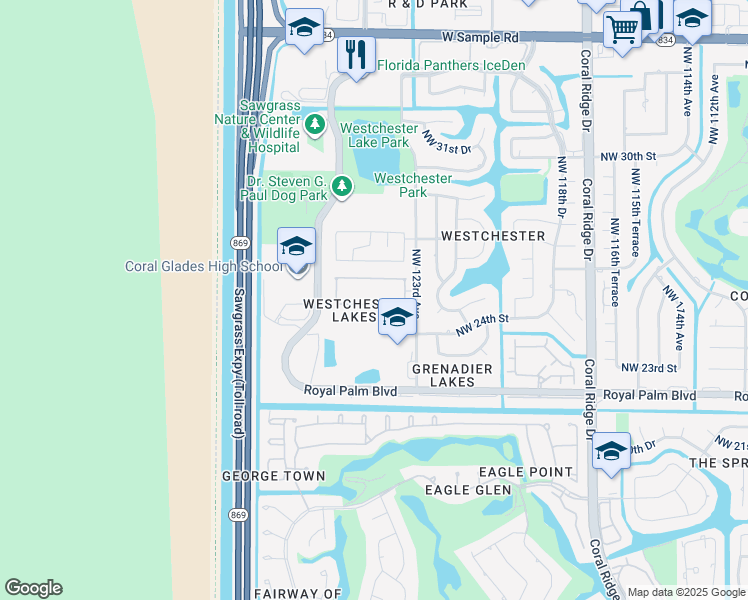 map of restaurants, bars, coffee shops, grocery stores, and more near 12346 Northwest 25th Street in Coral Springs