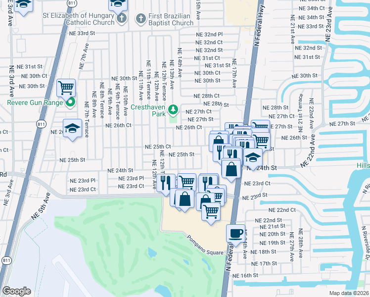 map of restaurants, bars, coffee shops, grocery stores, and more near 1412 Northeast 25th Court in Pompano Beach