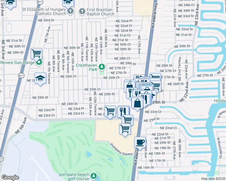 map of restaurants, bars, coffee shops, grocery stores, and more near 2481 Northeast 15th Avenue in Pompano Beach