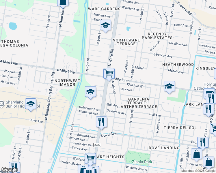 map of restaurants, bars, coffee shops, grocery stores, and more near 3608 Hummingbird Avenue in McAllen