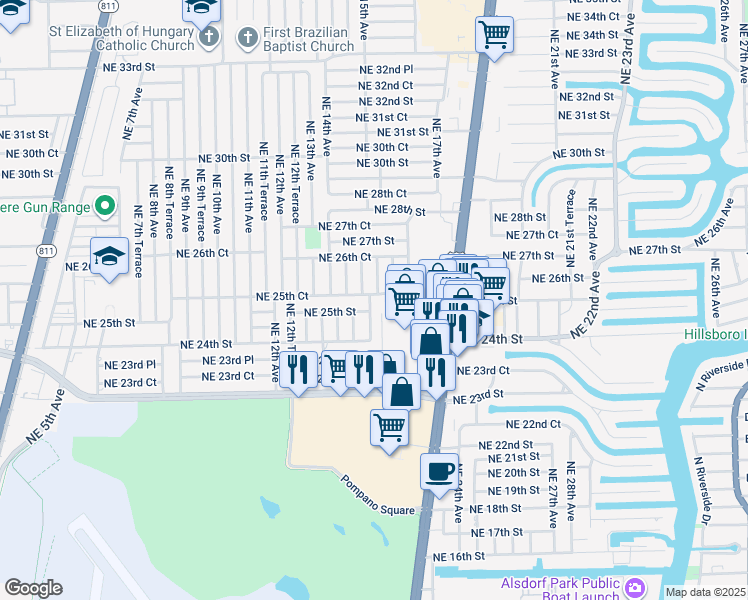 map of restaurants, bars, coffee shops, grocery stores, and more near 2540 Northeast 15th Avenue in Pompano Beach