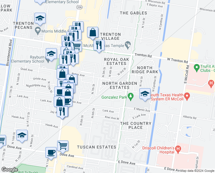 map of restaurants, bars, coffee shops, grocery stores, and more near 6816 North 4th Street in McAllen