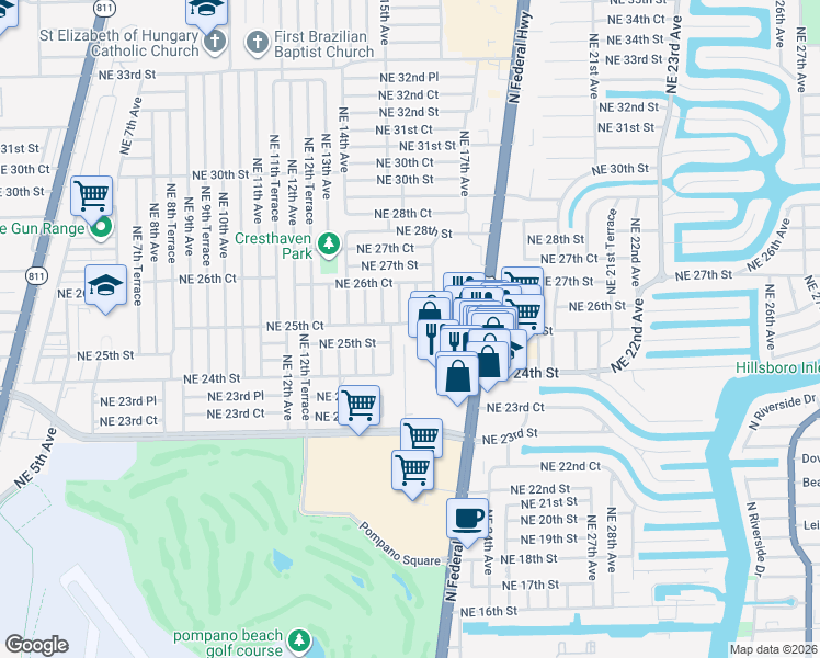 map of restaurants, bars, coffee shops, grocery stores, and more near 2431 North Federal Highway in Pompano Beach