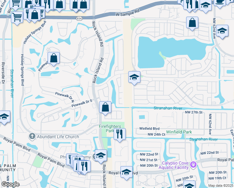 map of restaurants, bars, coffee shops, grocery stores, and more near 2825 Northwest 68th Lane in Margate