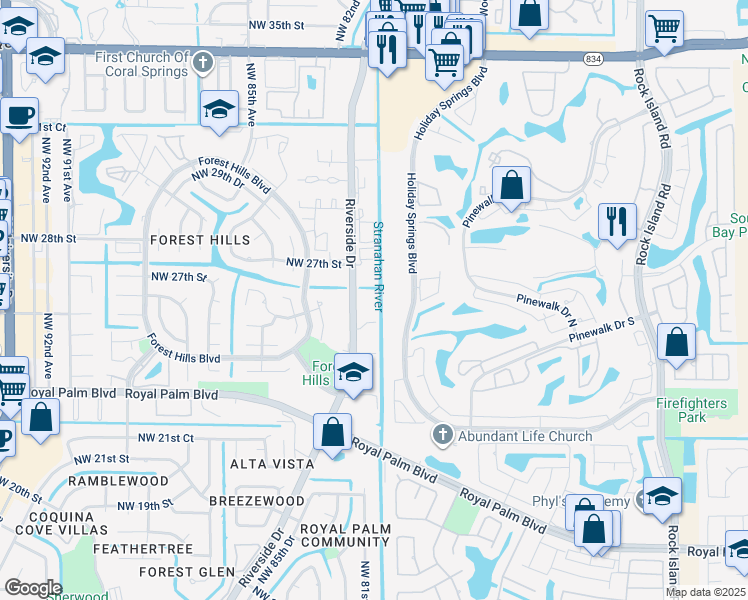 map of restaurants, bars, coffee shops, grocery stores, and more near 2583 Riverside Drive in Coral Springs