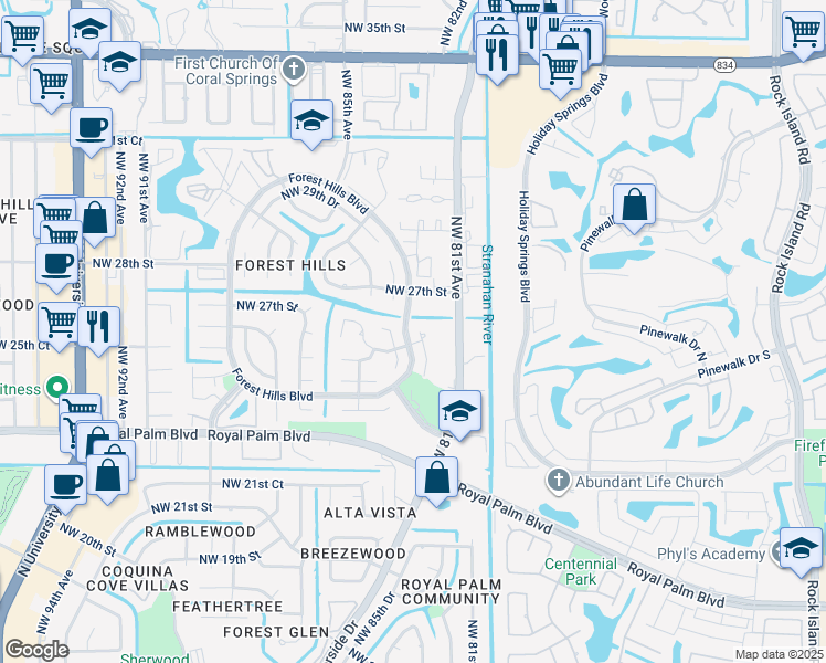 map of restaurants, bars, coffee shops, grocery stores, and more near 2555 Northwest 82nd Terrace in Coral Springs