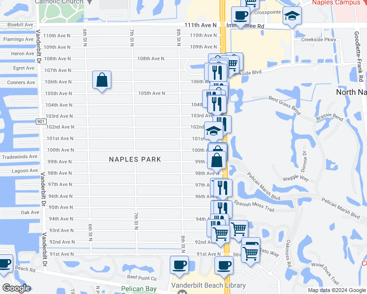map of restaurants, bars, coffee shops, grocery stores, and more near 9901 8th Street North in Naples