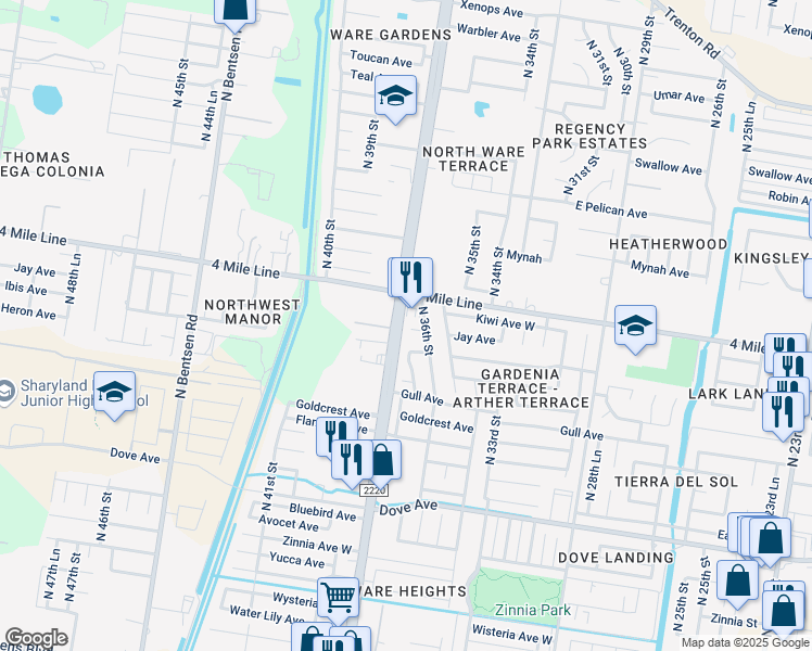 map of restaurants, bars, coffee shops, grocery stores, and more near 3608 Hummingbird Avenue in McAllen