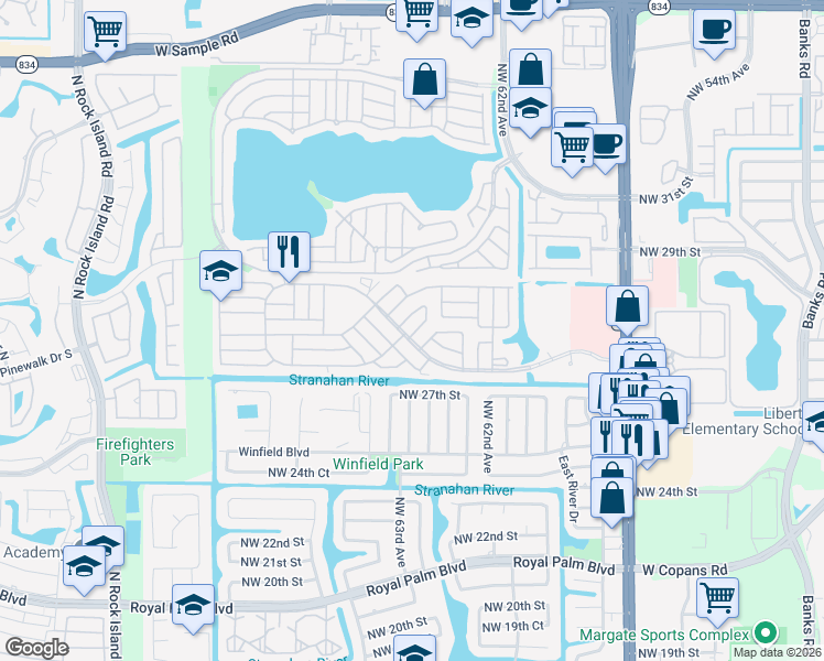 map of restaurants, bars, coffee shops, grocery stores, and more near 6314 Northwest 28th Court in Margate