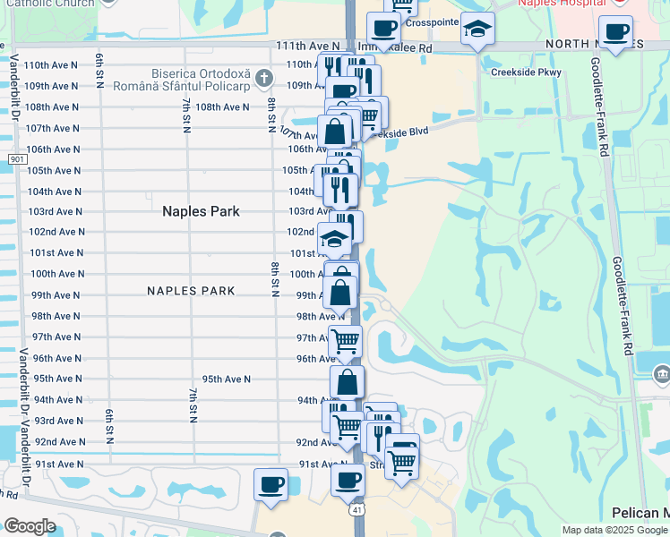 map of restaurants, bars, coffee shops, grocery stores, and more near 865 99th Avenue North in Naples
